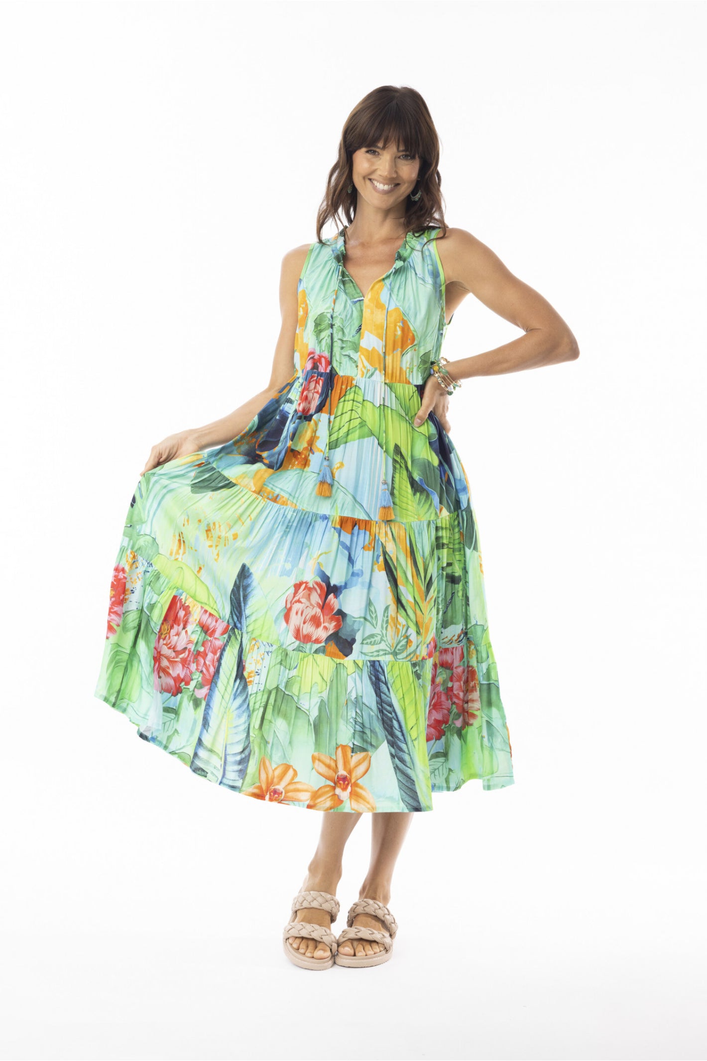 Woman wearing Escape 71571 Evelin Sleeveless Tie Midi Dress Botanical Print by Escape, shop Escape at Dotique