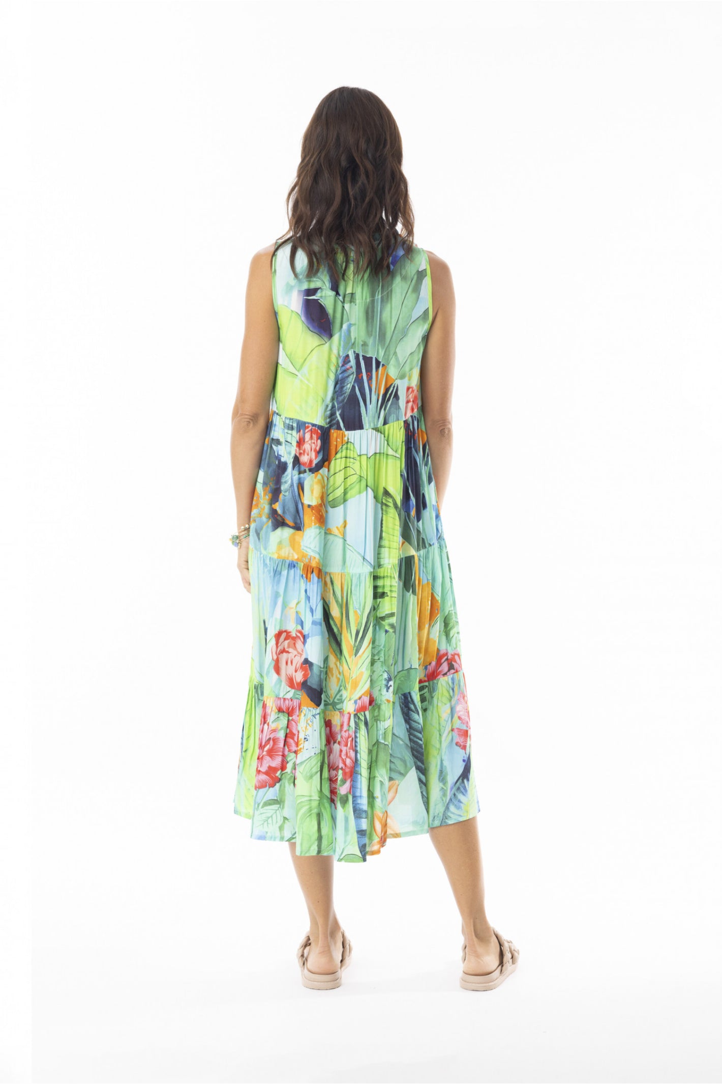 Escape 71571 Evelin Sleeveless Tie Midi Dress Botanical Print by Escape shown from back, shop Escape at Dotique.