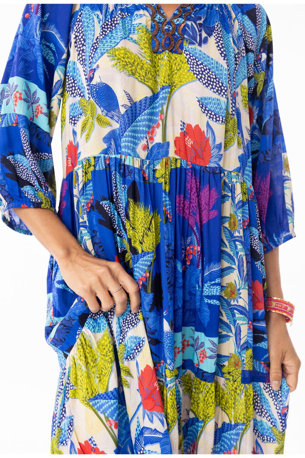 Close-up of vibrant floral pattern on Escape 30120 Luna Dress V Print by Escape Shop Escape at Dotique