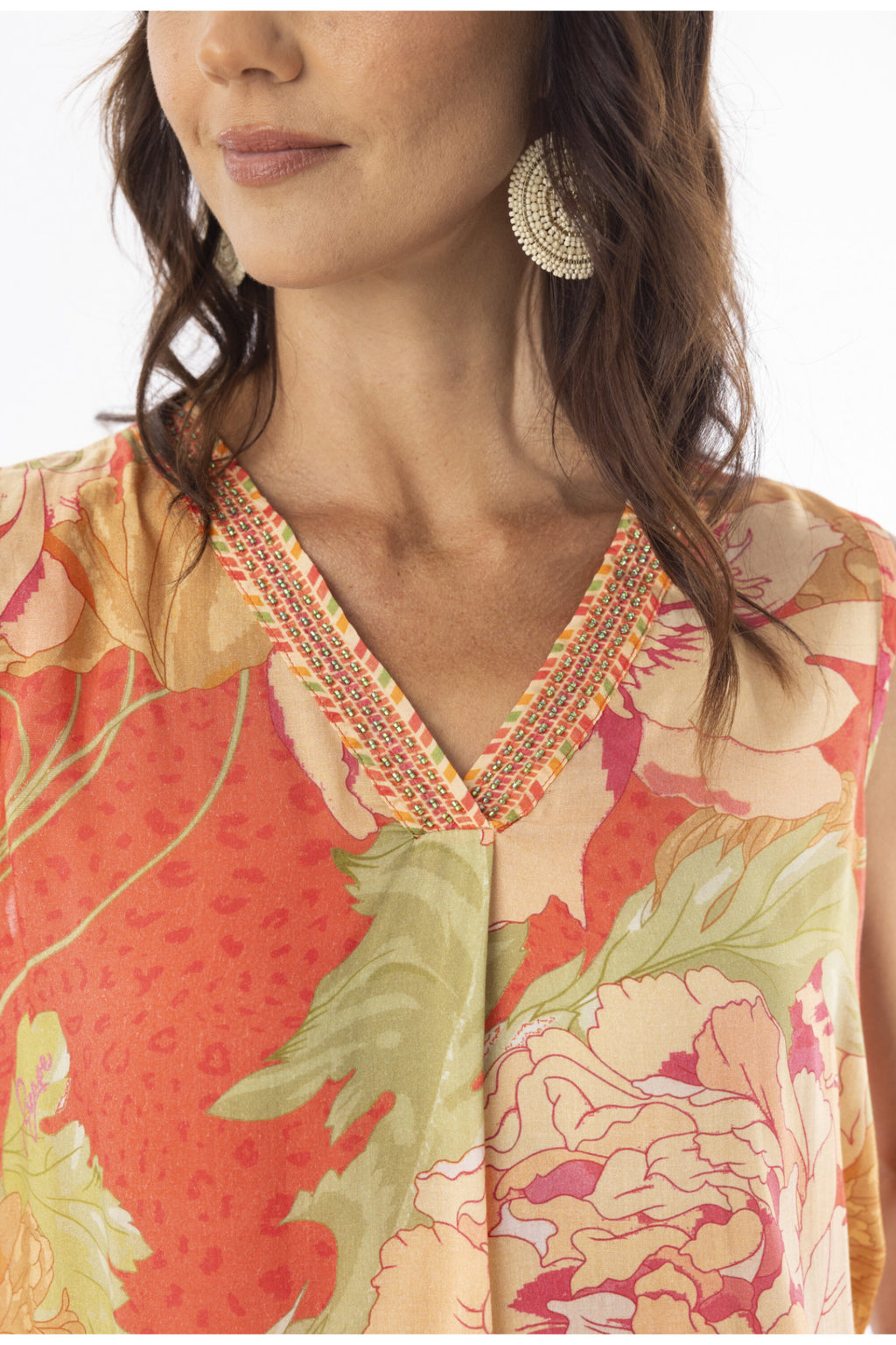 Close-up of woman wearing Escape 92112 Rosa Cami Print by Escape, shop Escape styles at Dotique for elegant summer fashion