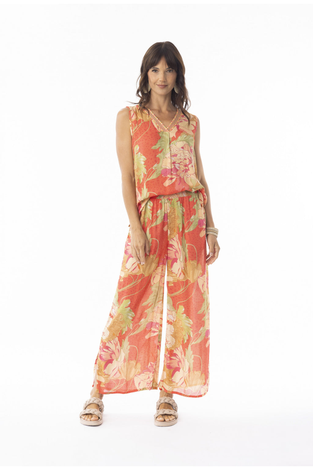 Woman modeling Escape 9635 Rosa Print Wide Leg Trousers by Escape, shop Escape styles at Dotique for vibrant relaxed looks