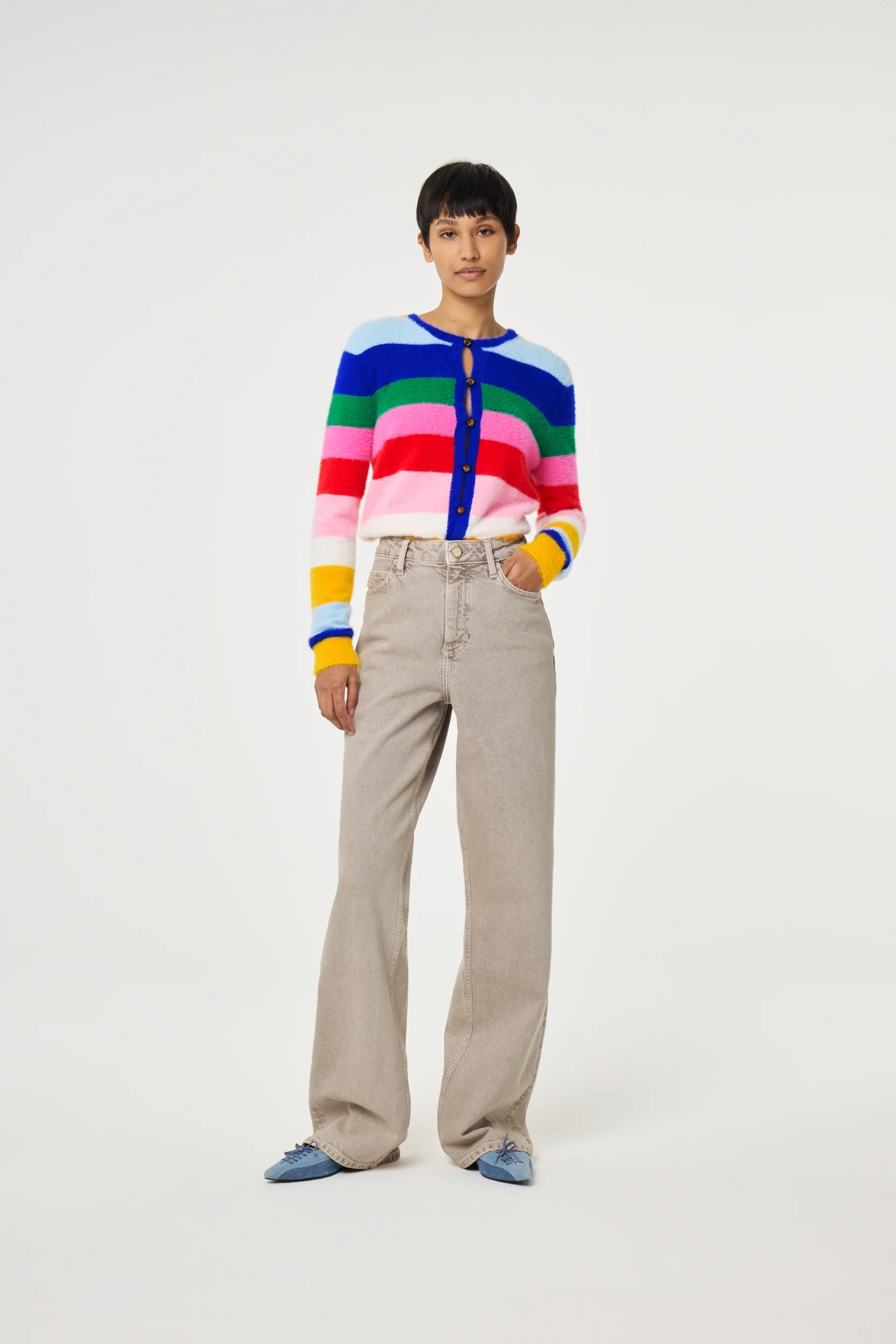 Fabienne Chapot Henry Cardigan in multi stripe — a colourful knit with button front and round neck. Add playful, everyday style at Dotique.