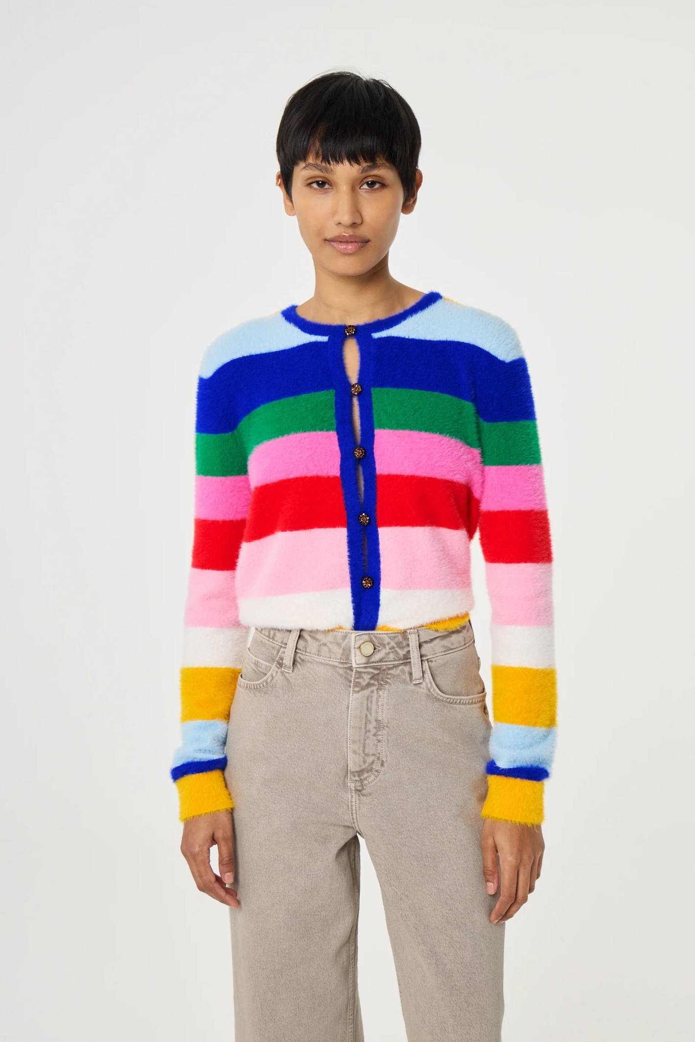 Fabienne Chapot Henry Cardigan in multi stripe — a colourful knit with button front and round neck. Add playful, everyday style at Dotique.