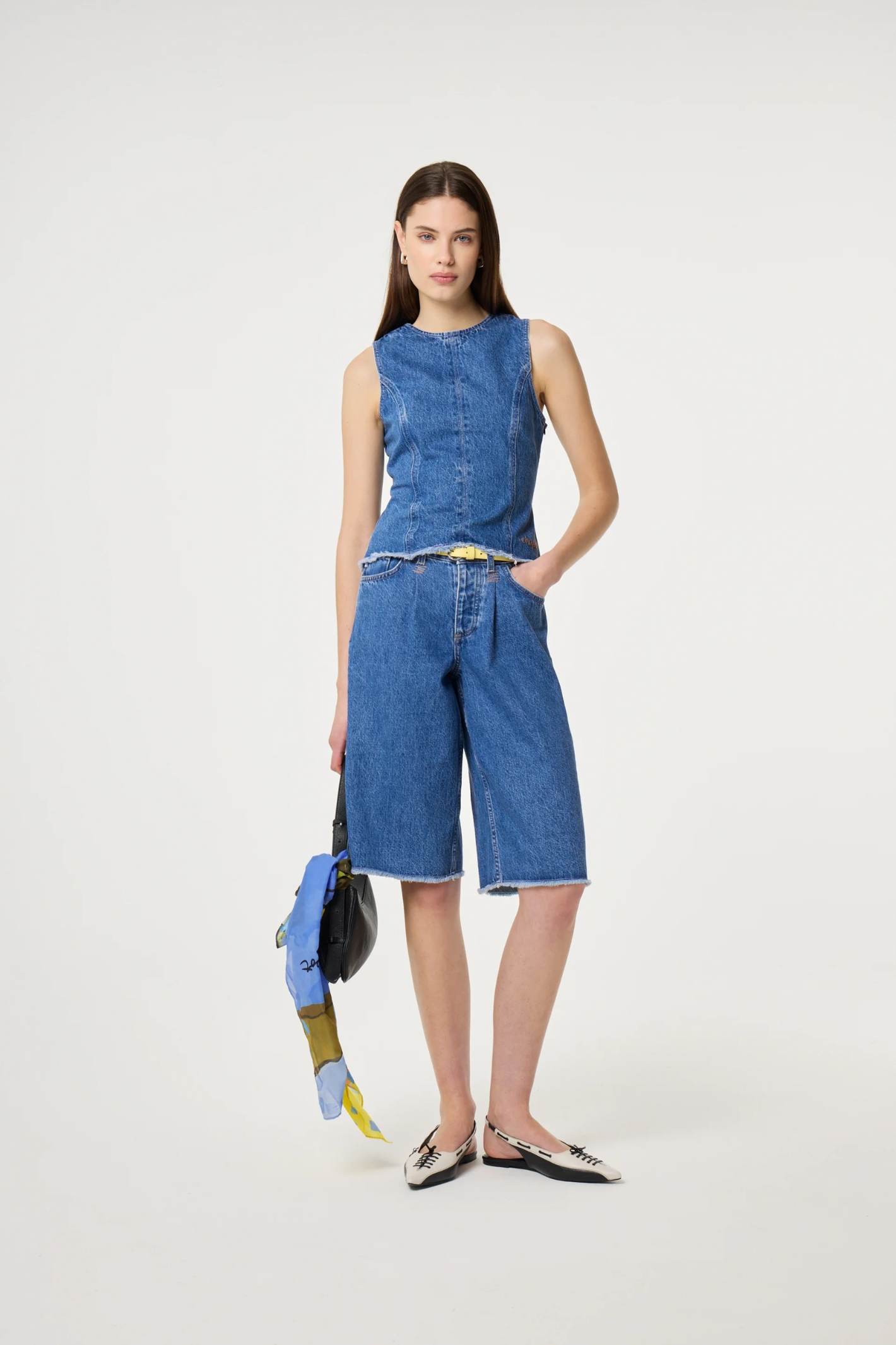 Model wearing Fabienne Chapot Jojo Top Faded Light Blue in denim style by Fabienne Chapot, shop Fabienne Chapot at Dotique.