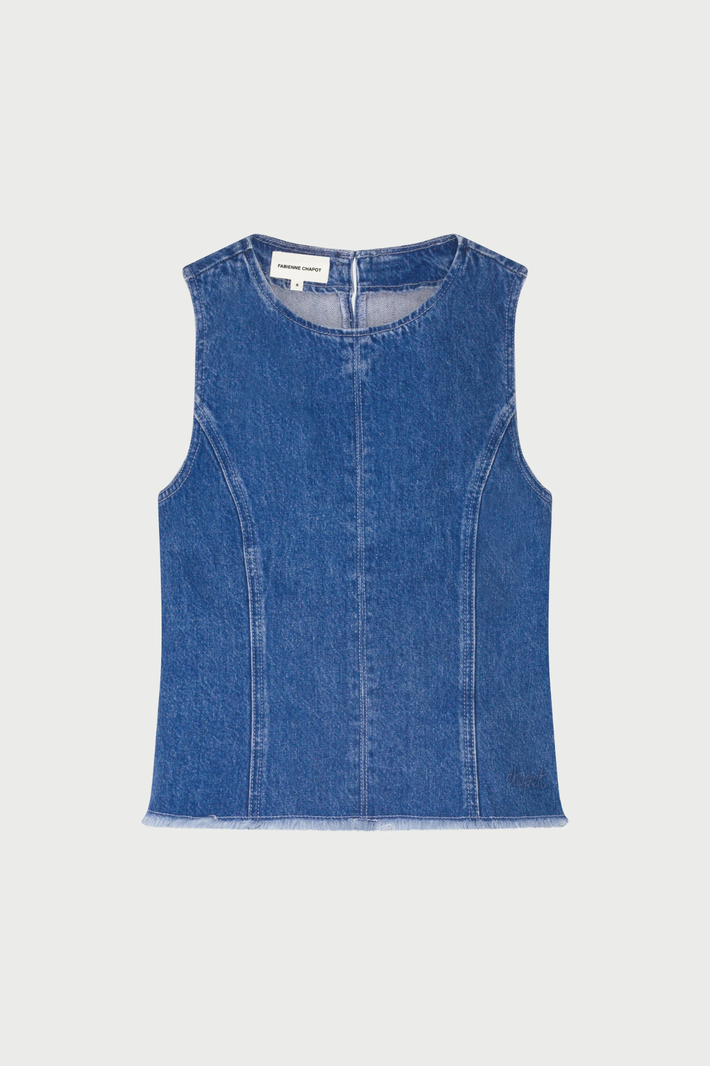Sleeveless denim top in faded light blue styled with seam detailing, Fabienne Chapot Jojo Top Faded Light Blue by Fabienne Chapot, shop Fabienne Chapot at Dotique.