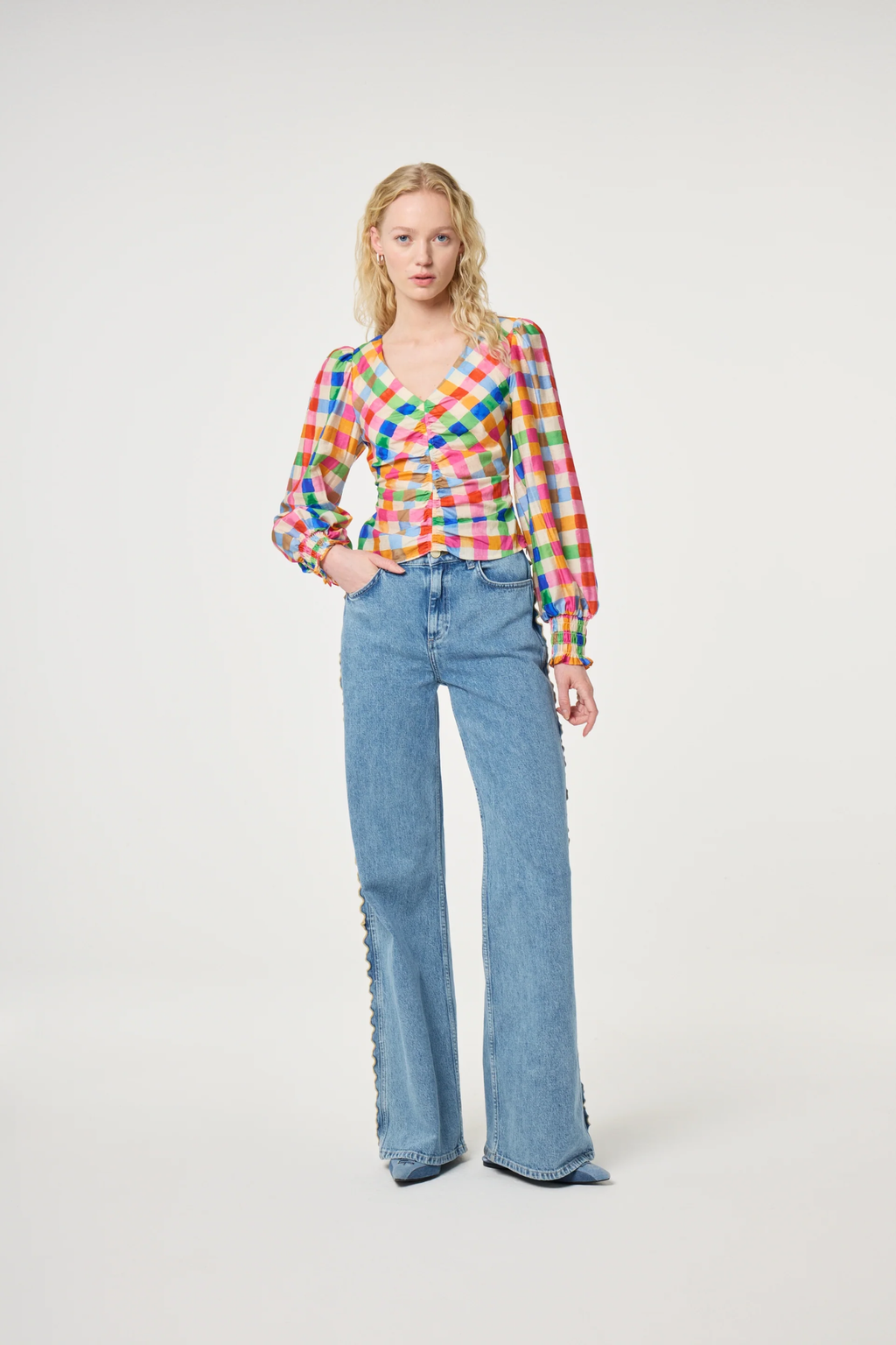 Fabienne Chapot Madeleine Top in cosy white with solar orange accents. Lightweight viscose blend blouse with relaxed fit. Shop at Dotique.