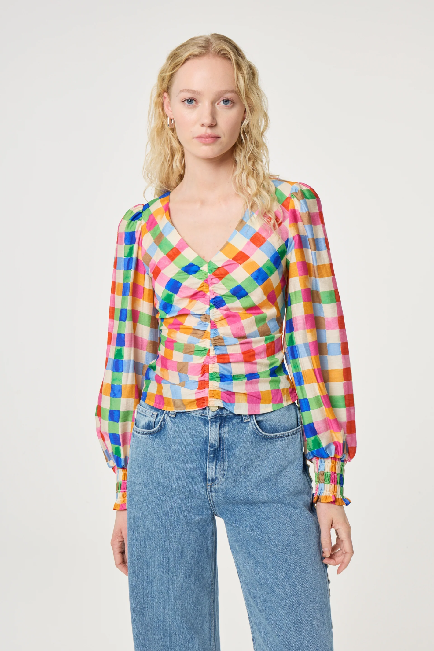 Fabienne Chapot Madeleine Top in cosy white with solar orange accents. Lightweight viscose blend blouse with relaxed fit. Shop at Dotique.