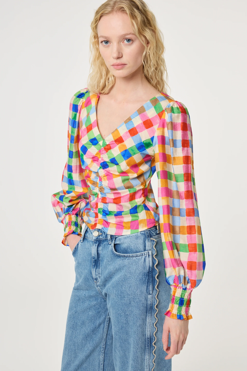 Fabienne Chapot Madeleine Top in cosy white with solar orange accents. Lightweight viscose blend blouse with relaxed fit. Shop at Dotique.