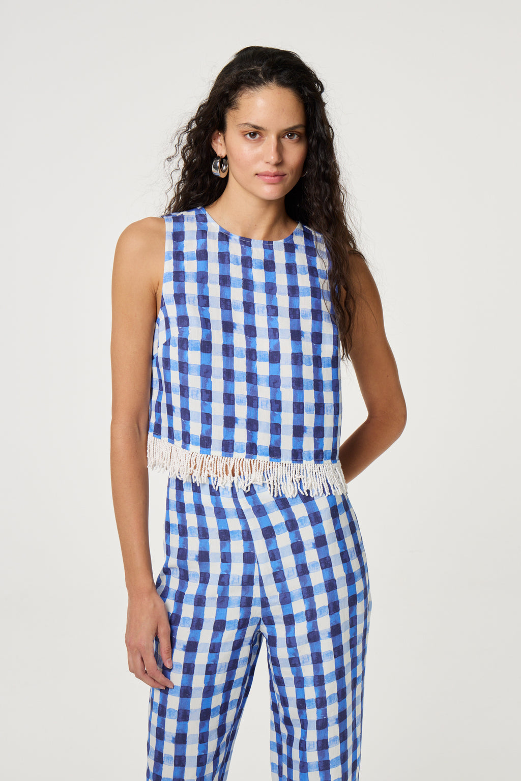 Model wearing Fabienne Chapot Maxime Top Navy/Cosy White by Fabienne Chapot Shop Fabienne Chapot at Dotique