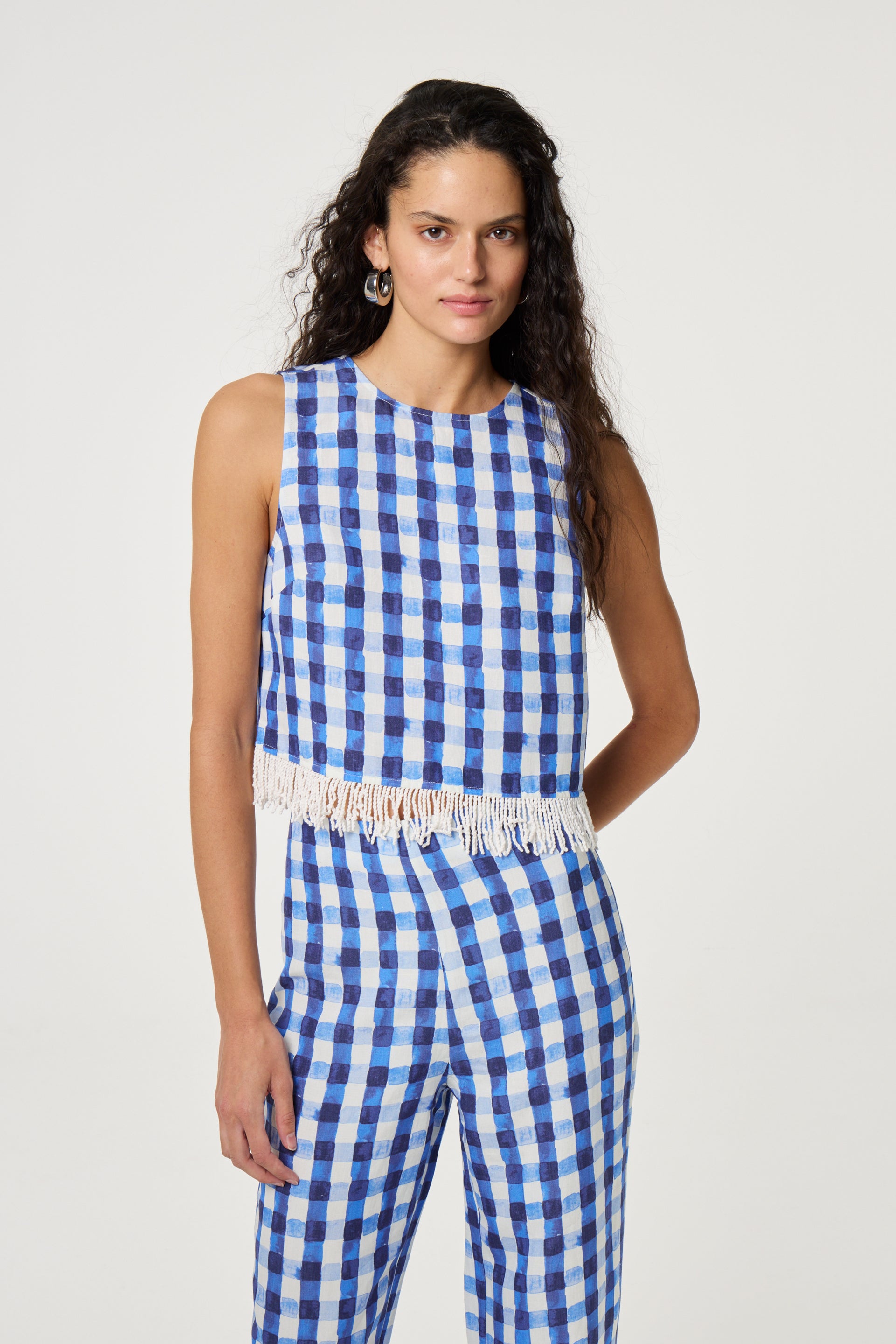 Model wearing Fabienne Chapot Maxime Top Navy/Cosy White by Fabienne Chapot Shop Fabienne Chapot at Dotique