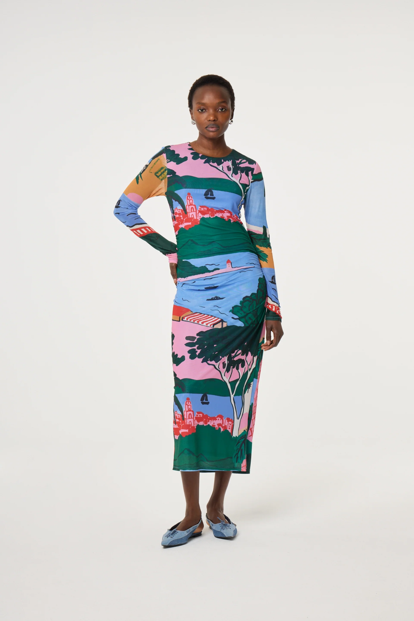 Fabienne Chapot Samara Dress in Marina Blue/Evergreen — a printed midi with a flattering silhouette and effortless wear. Shop at Dotique.