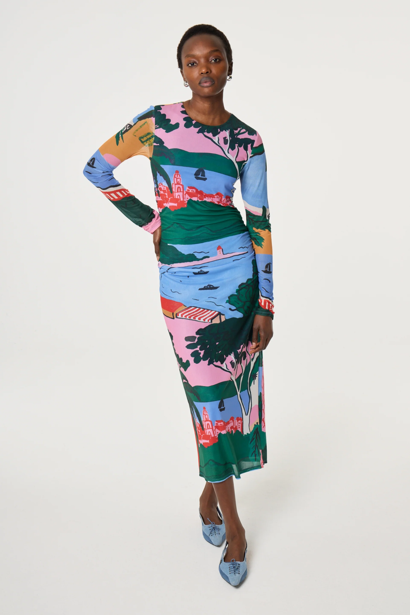 Fabienne Chapot Samara Dress in Marina Blue/Evergreen — a printed midi with a flattering silhouette and effortless wear. Shop at Dotique.