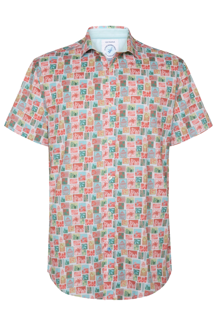 A Fish Named Fred 31.068 Short Sleeve Men's Shirt Rose Pink Stamps