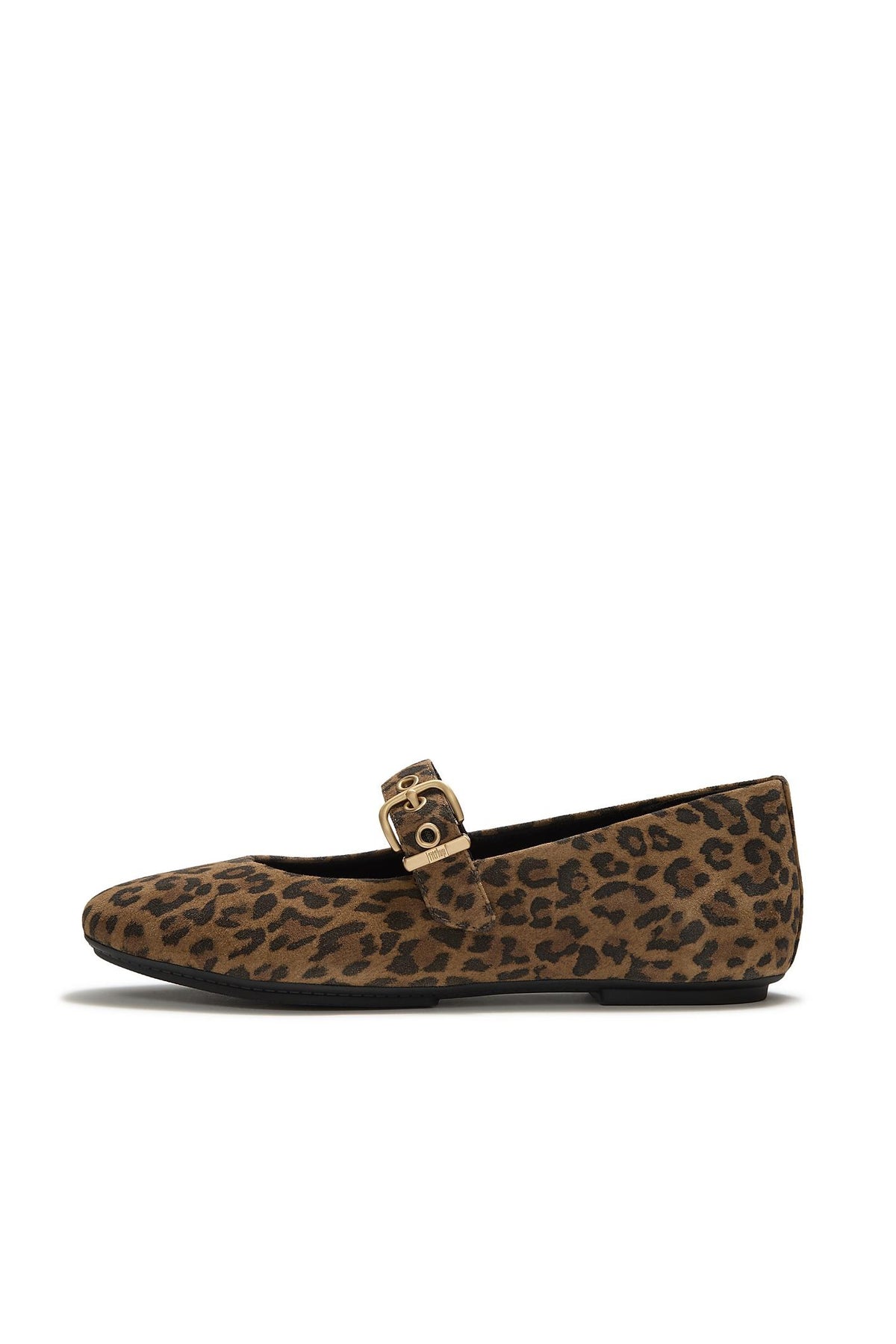 FitFlop Delicato Suede Mary Janes Leopard Print – side product view. Shop FitFlop at Dotique.