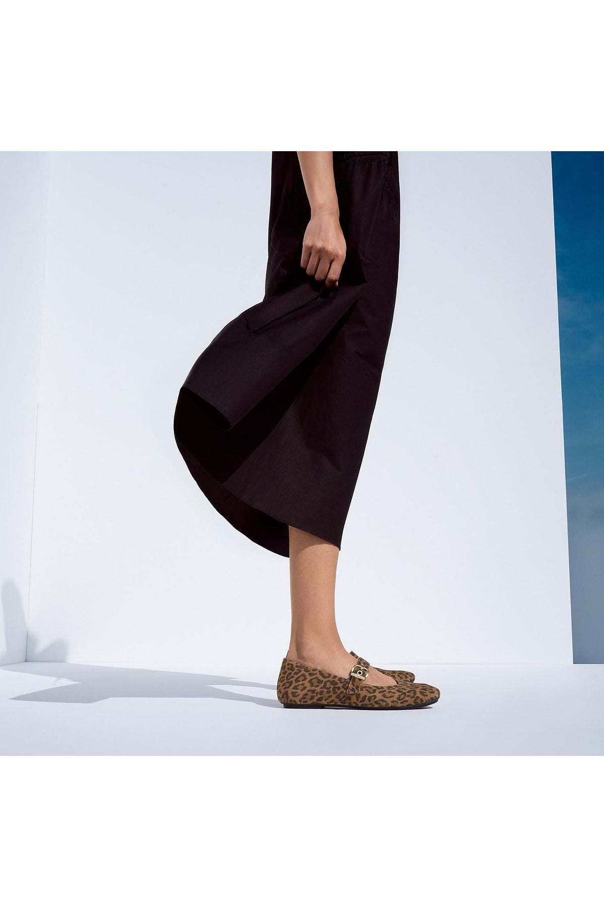 FitFlop Delicato Suede Mary Janes Leopard Print – model styling view. Shop FitFlop at Dotique.