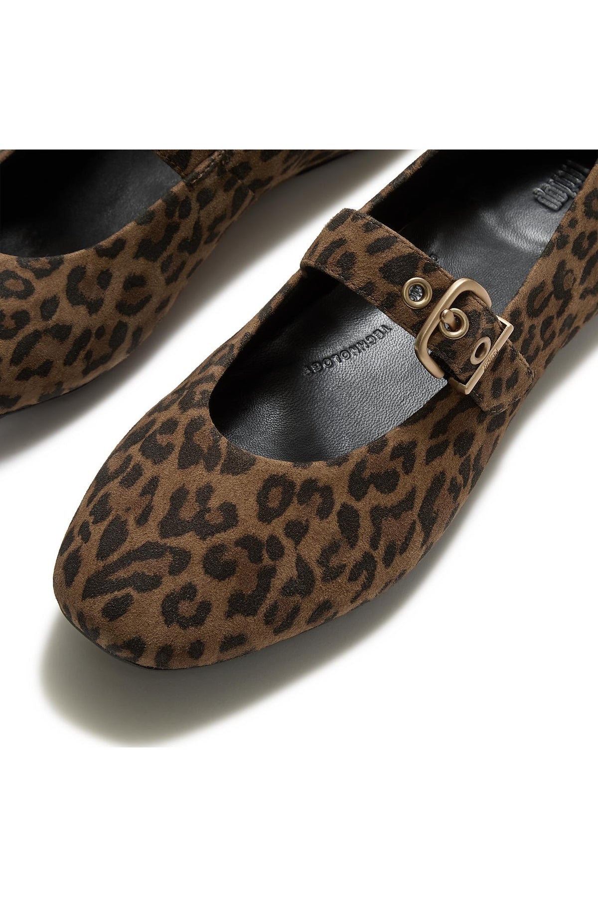 FitFlop Delicato Suede Mary Janes Leopard Print – close-up detail. Shop FitFlop at Dotique.