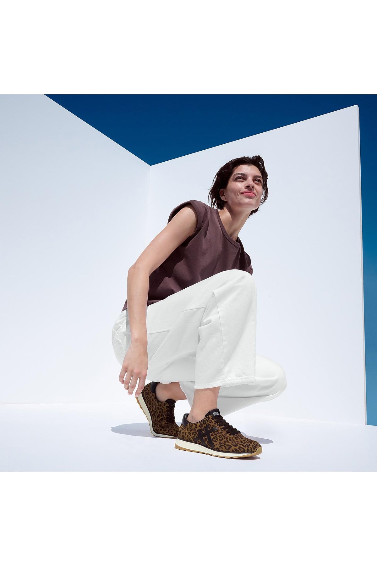 Fitflop Retro-Q FF Suede Leopard Trainers – model styling view. Shop FitFlop at Dotique.
