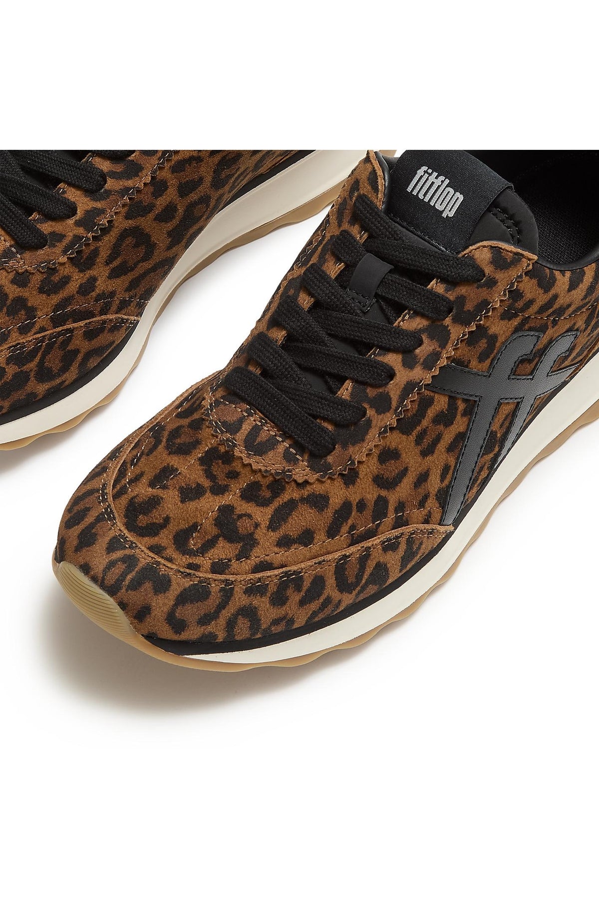 Fitflop Retro-Q FF Suede Leopard Trainers – close-up detail. Shop FitFlop at Dotique.