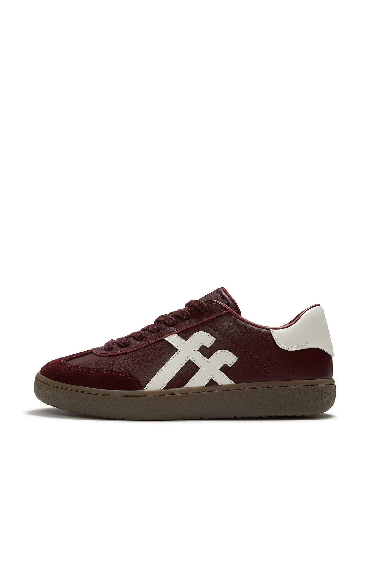 Fitflop The Dash T-Toe Leather Trainers Dark Merlot/Urban White – side product view. Shop FitFlop at Dotique.
