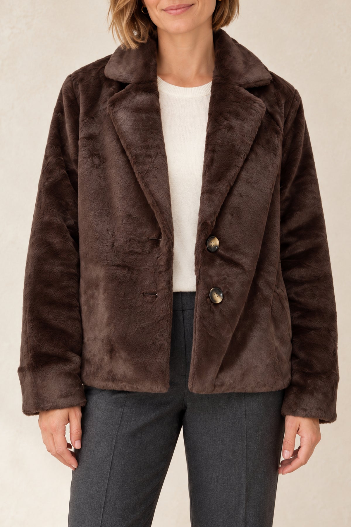 Foil FO8384 Monte Jacket in Chocolate – close-up of plush texture, lapels and buttons. Shop Foil at Dotique.