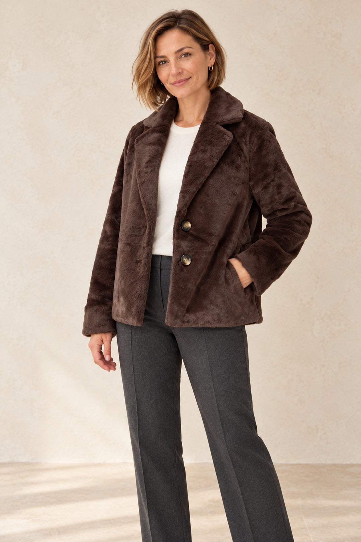 Foil FO8384 Monte Jacket in Chocolate – three-quarter view on model. Shop Foil at Dotique.