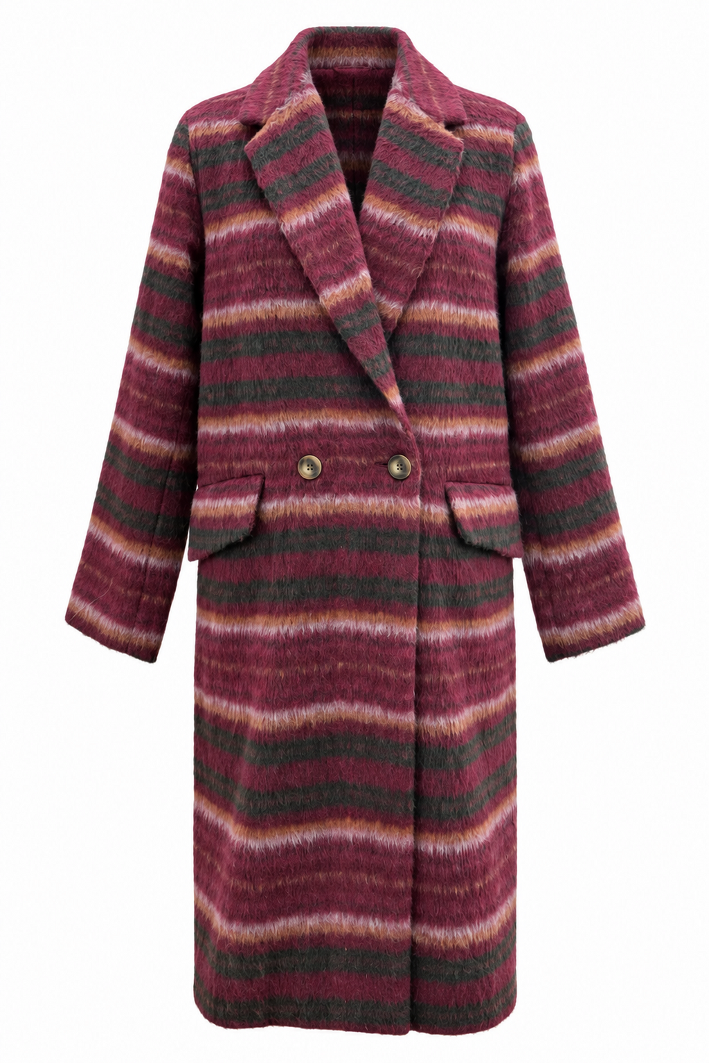Foil FO8561 Cover Story Coat in Dark Cherry Check, front product view showing the lapels, buttons and flap pockets. Shop Foil at Dotique.