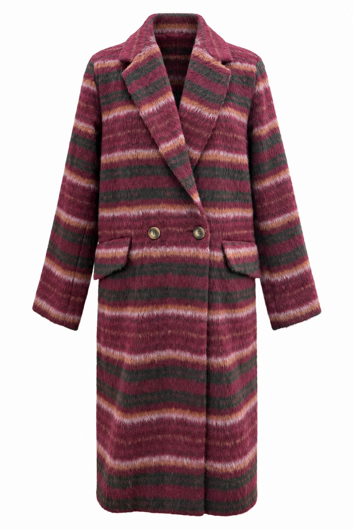 Foil FO8561 Cover Story Coat in Dark Cherry Check, front product view showing the lapels, buttons and flap pockets. Shop Foil at Dotique.