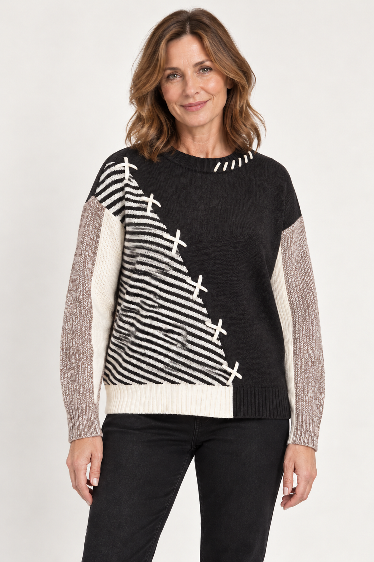 Foil FO8750 Warm Intentions Jumper Black Mix, front model view. Shop Foil at Dotique.