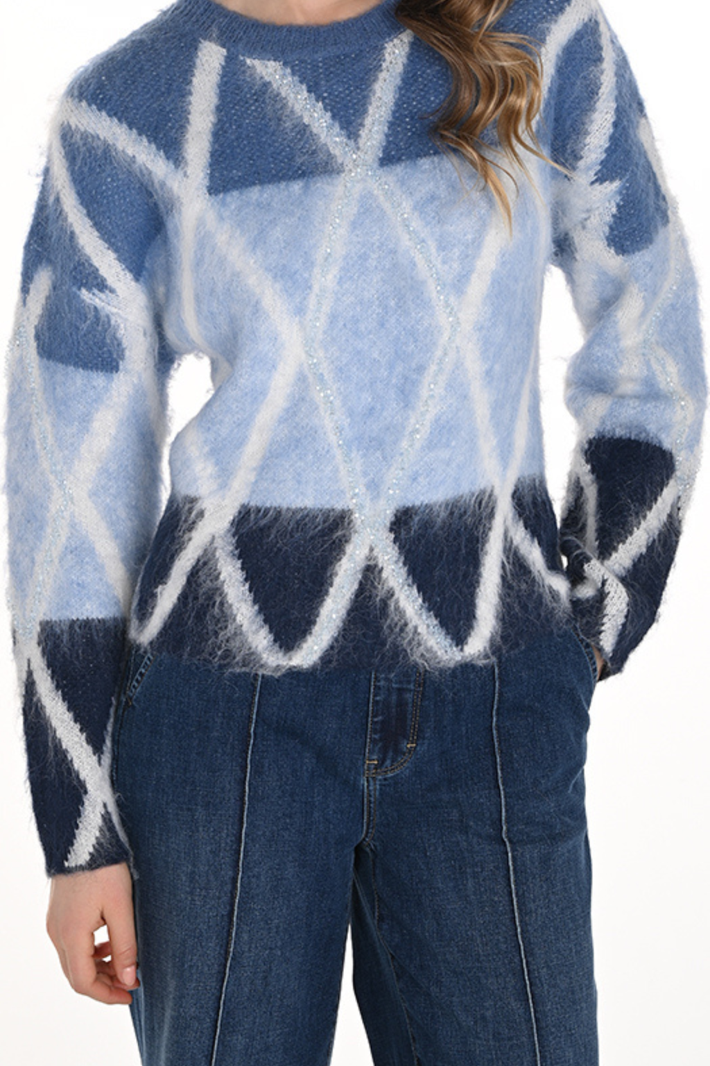 Frank Lyman 254891 blue mix geometric knit jumper – soft textured women’s sweater – Dotique