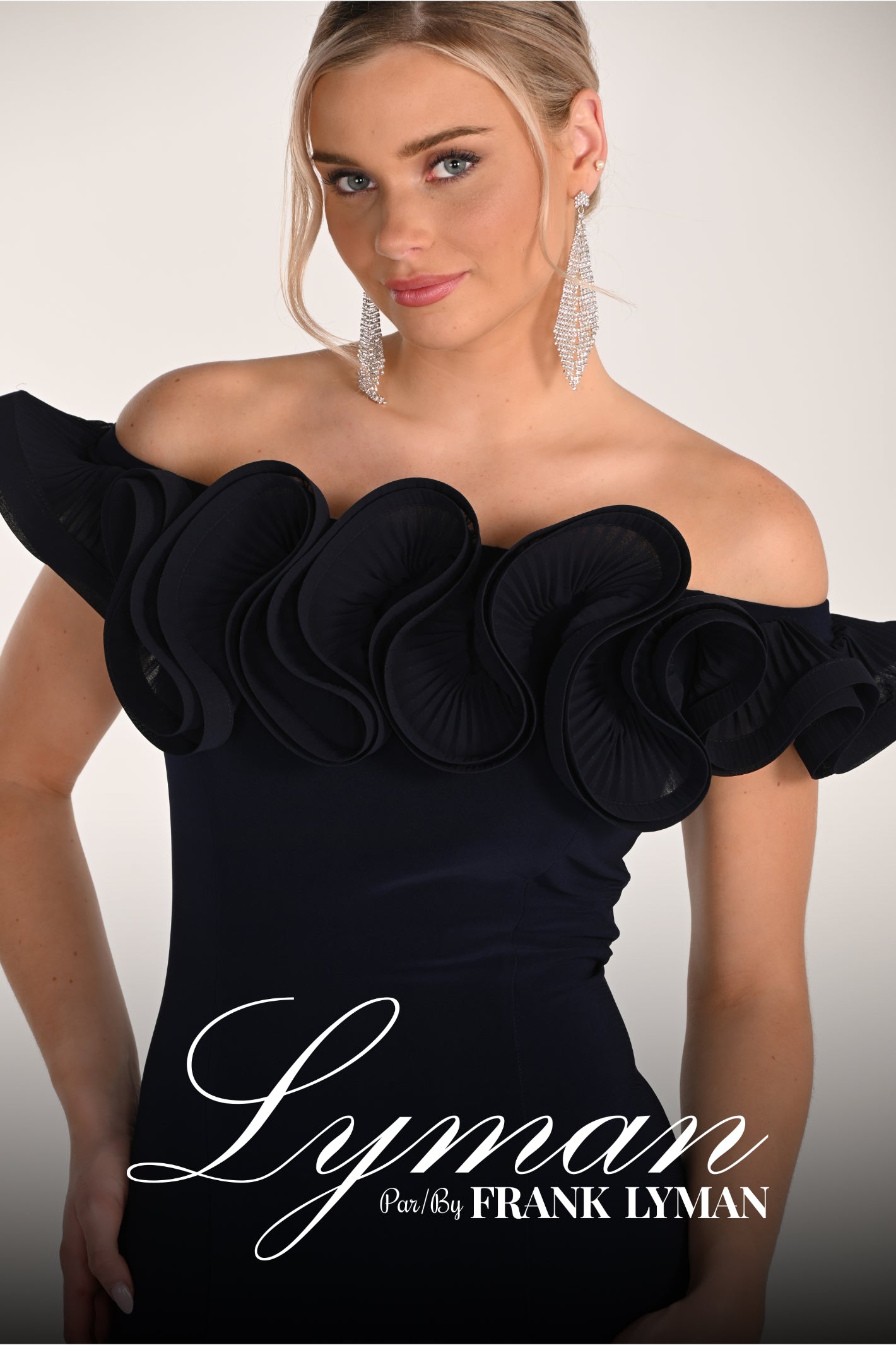 Elegant woman wearing Frank Lyman 268015 Midnight Off-Shoulder Ruffle Dress by Frank Lyman available to shop at Dotique.