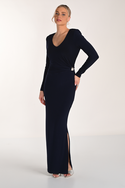 Frank Lyman 268016 Midnight Blue long-sleeve maxi dress with side detail