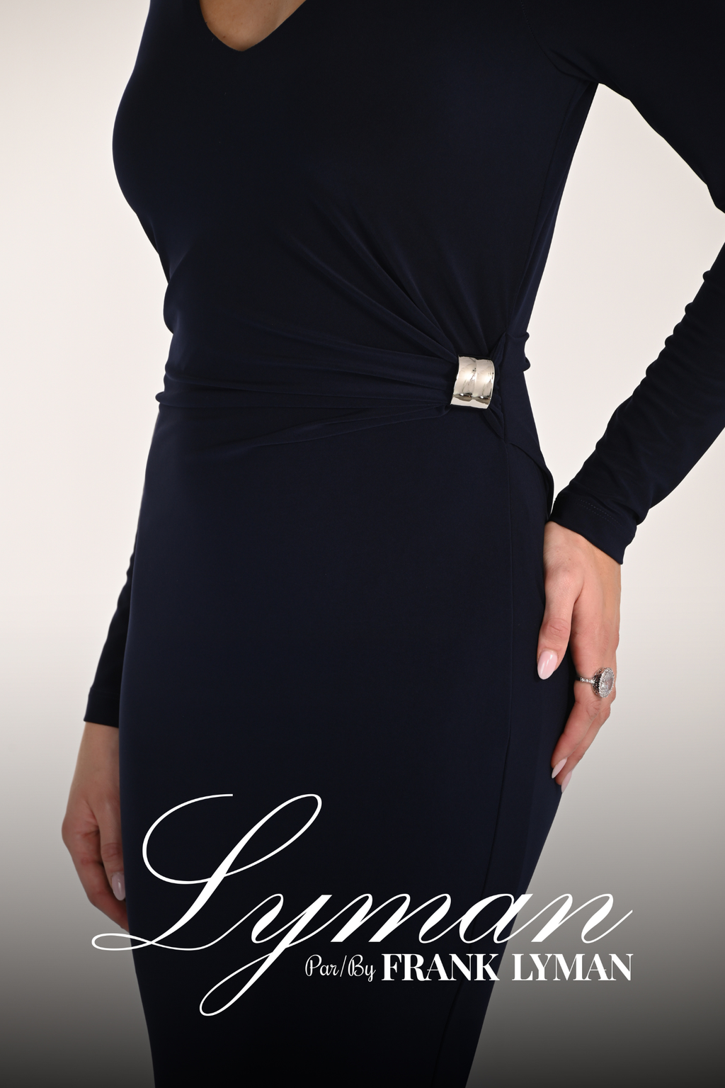 Frank Lyman 268016 Midnight Blue long-sleeve maxi dress with side detail