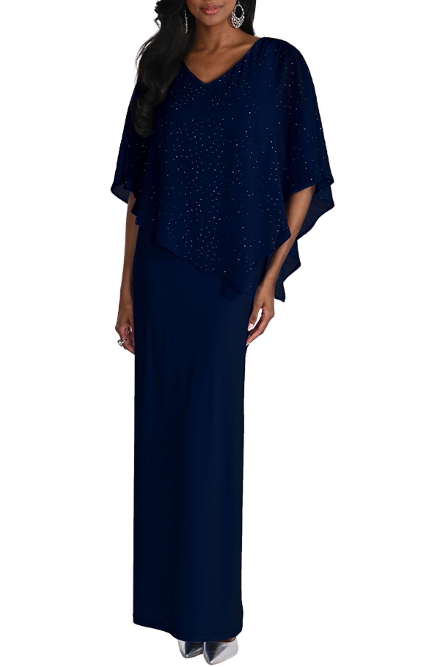 Elegant navy evening gown featuring embellished overlay by Frank Lyman, shop the Frank Lyman 268193 Indigo Embellished Overlay Occasion Dress at Dotique