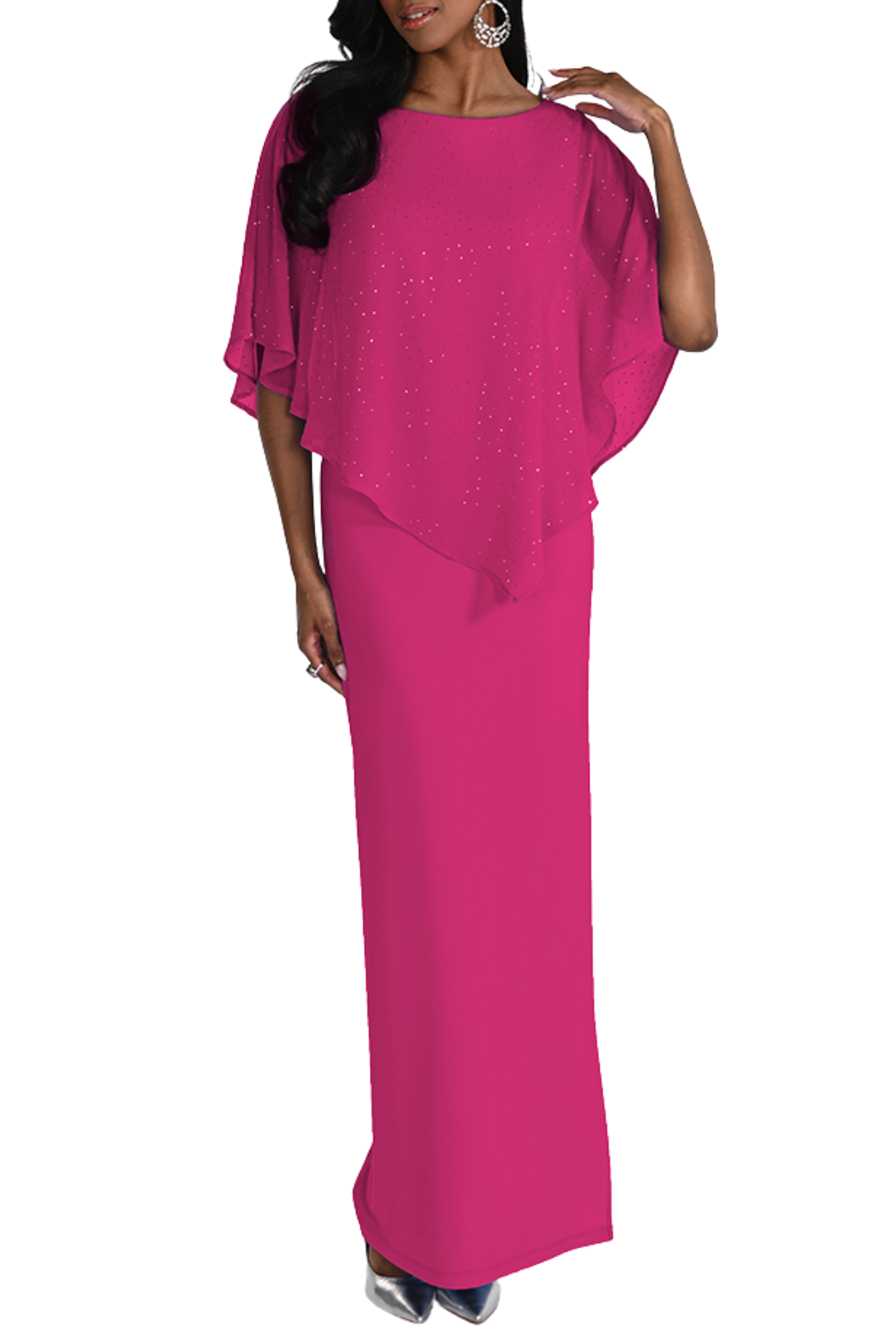 Woman wearing Frank Lyman 268193 Magenta Embellished Overlay Occasion Dress by Frank Lyman Shop Dotique