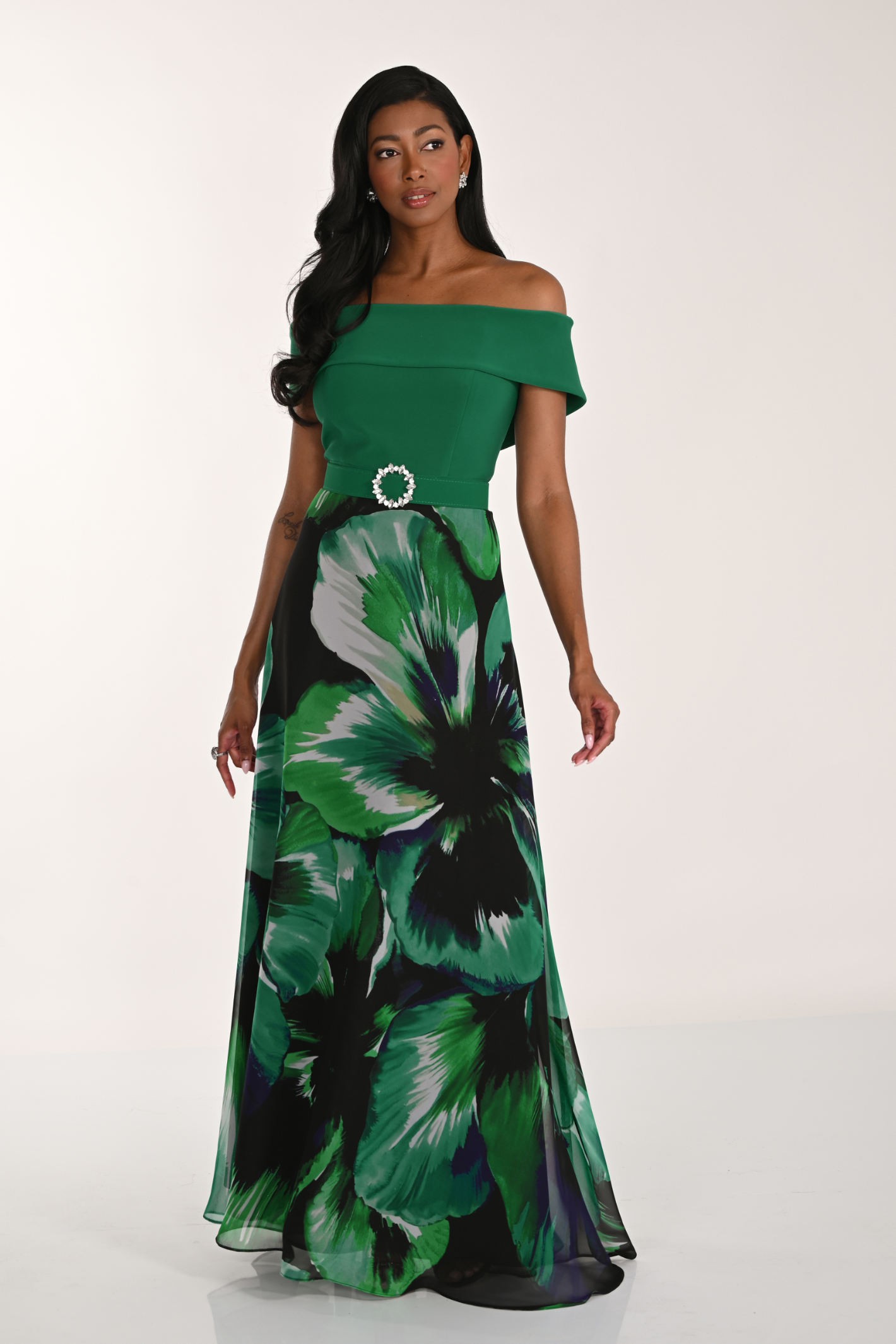 Frank Lyman 268266 green floral evening dress – off-the-shoulder bodice and flowing skirt – Dotique