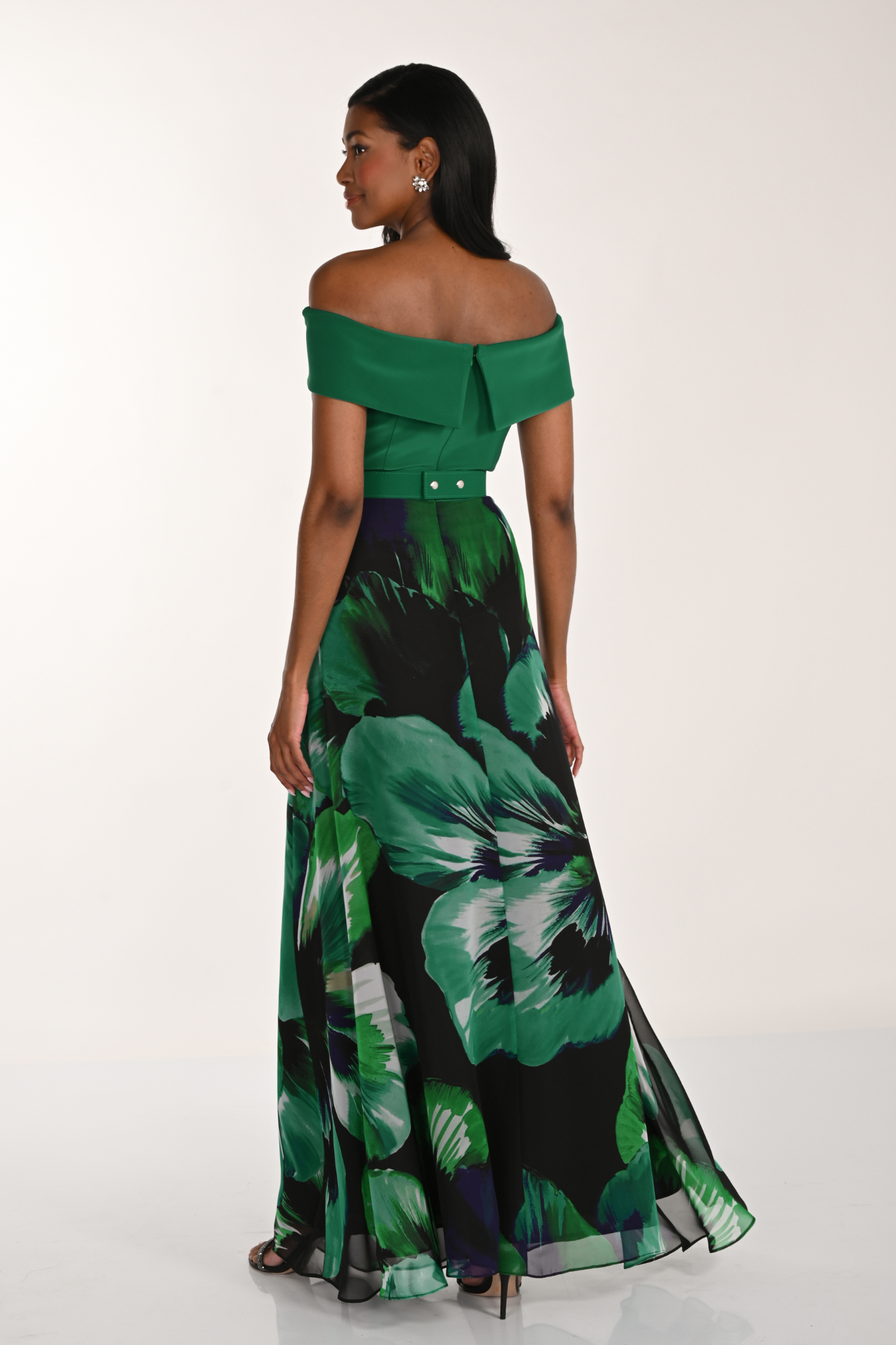 Frank Lyman 268266 green floral evening dress – off-the-shoulder bodice and flowing skirt – Dotique