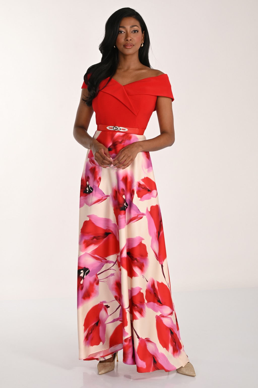 Frank Lyman 268293 red floral evening dress – off-the-shoulder bodice and full printed skirt – Dotique