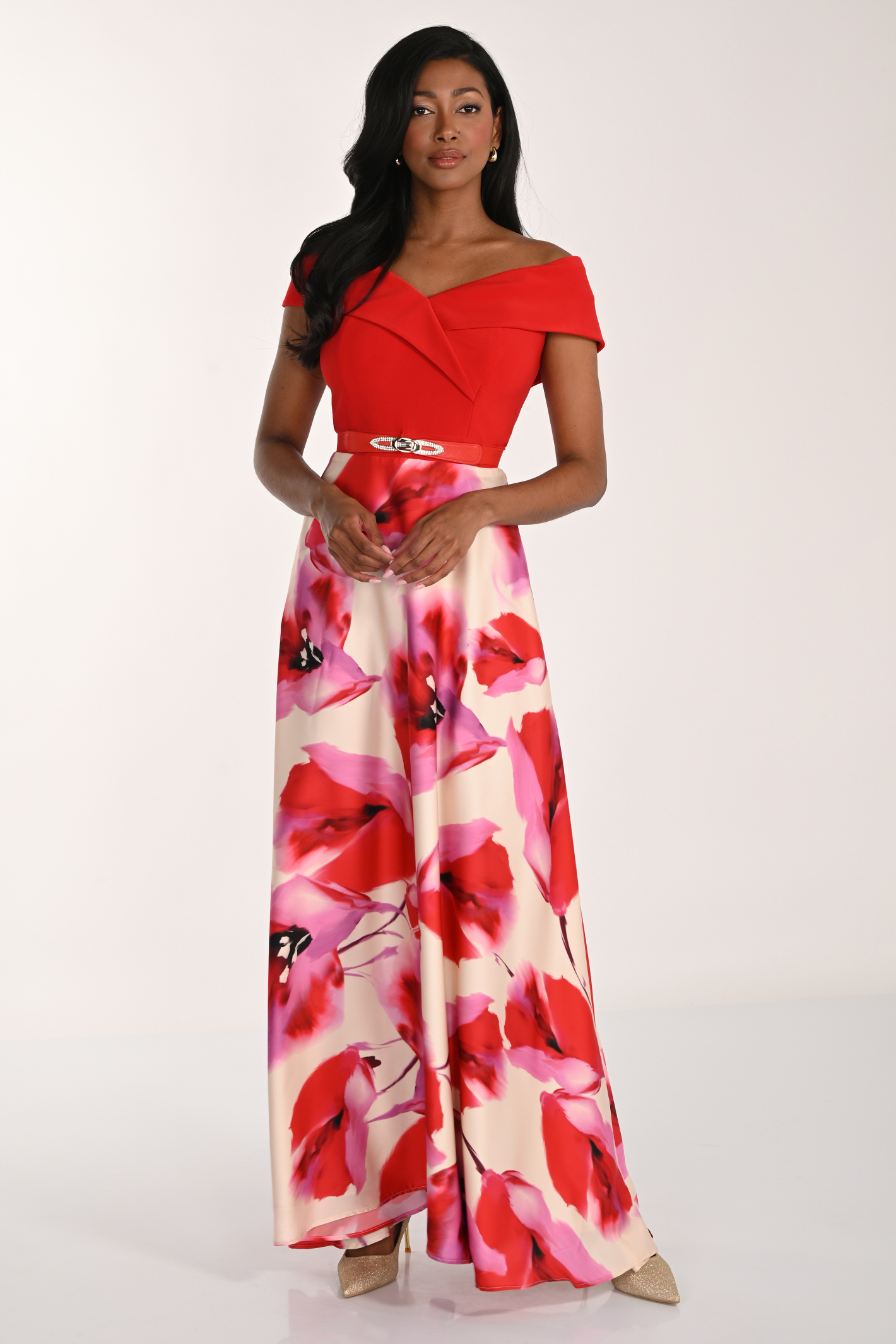 Frank Lyman 268293 red floral evening dress – off-the-shoulder bodice and full printed skirt – Dotique