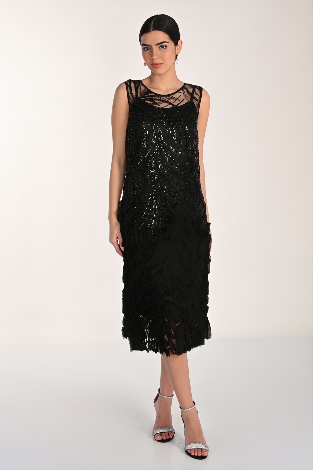 Frank Lyman 268502 black dress – sleeveless sequin bodice and textured skirt – Dotique