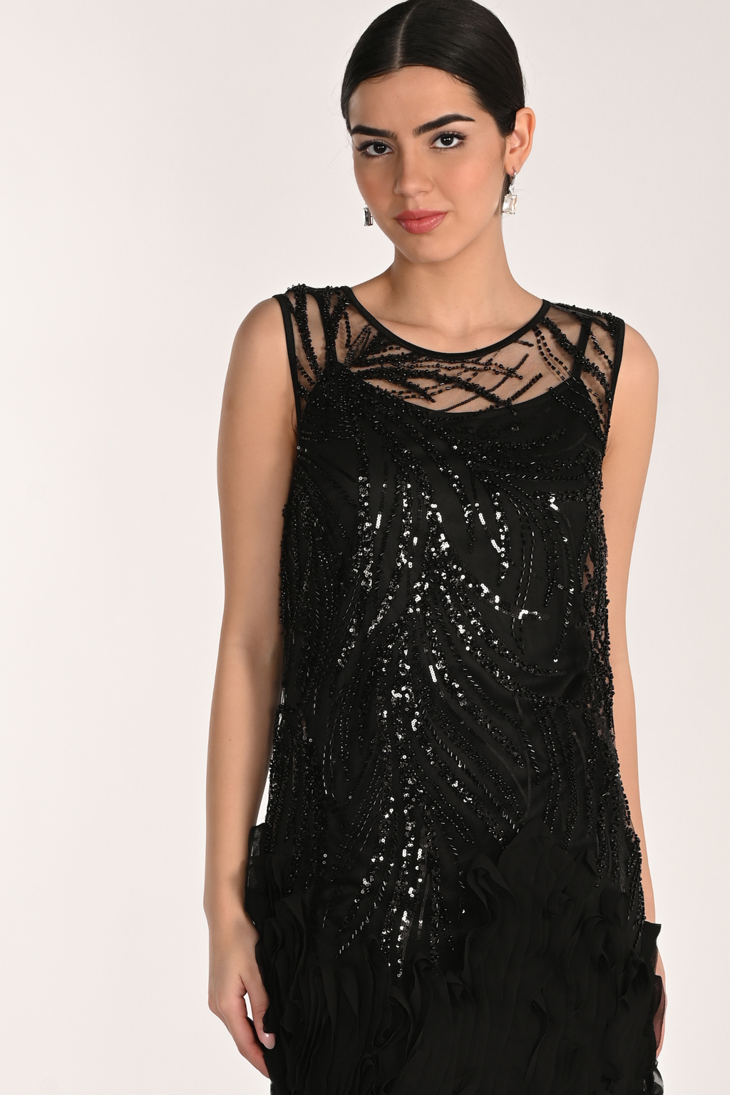 Frank Lyman 268502 black dress – sleeveless sequin bodice and textured skirt – Dotique