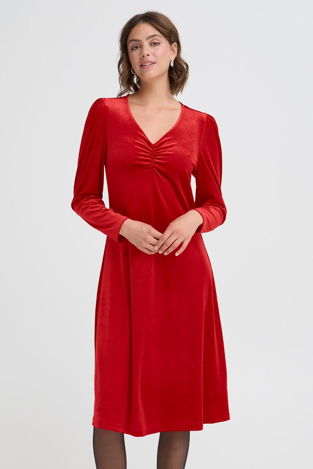 Fransa 20617223 FRCASSANDRA DR 5 Velvet V-Neck Fit and Flare Dress Chili Pepper