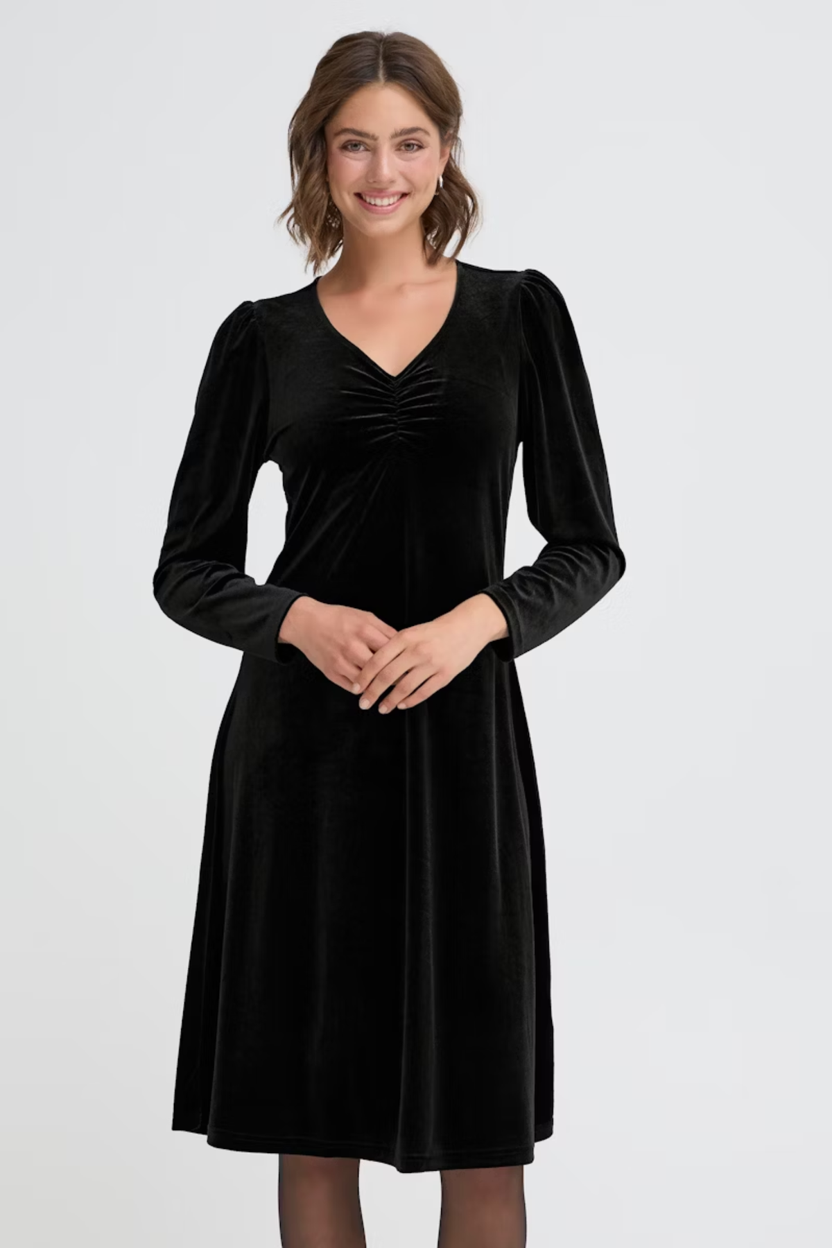 Fransa 20617223 FRCASSANDRA DR 5 Velvet V-Neck Fit and Flare Dress Meteorite