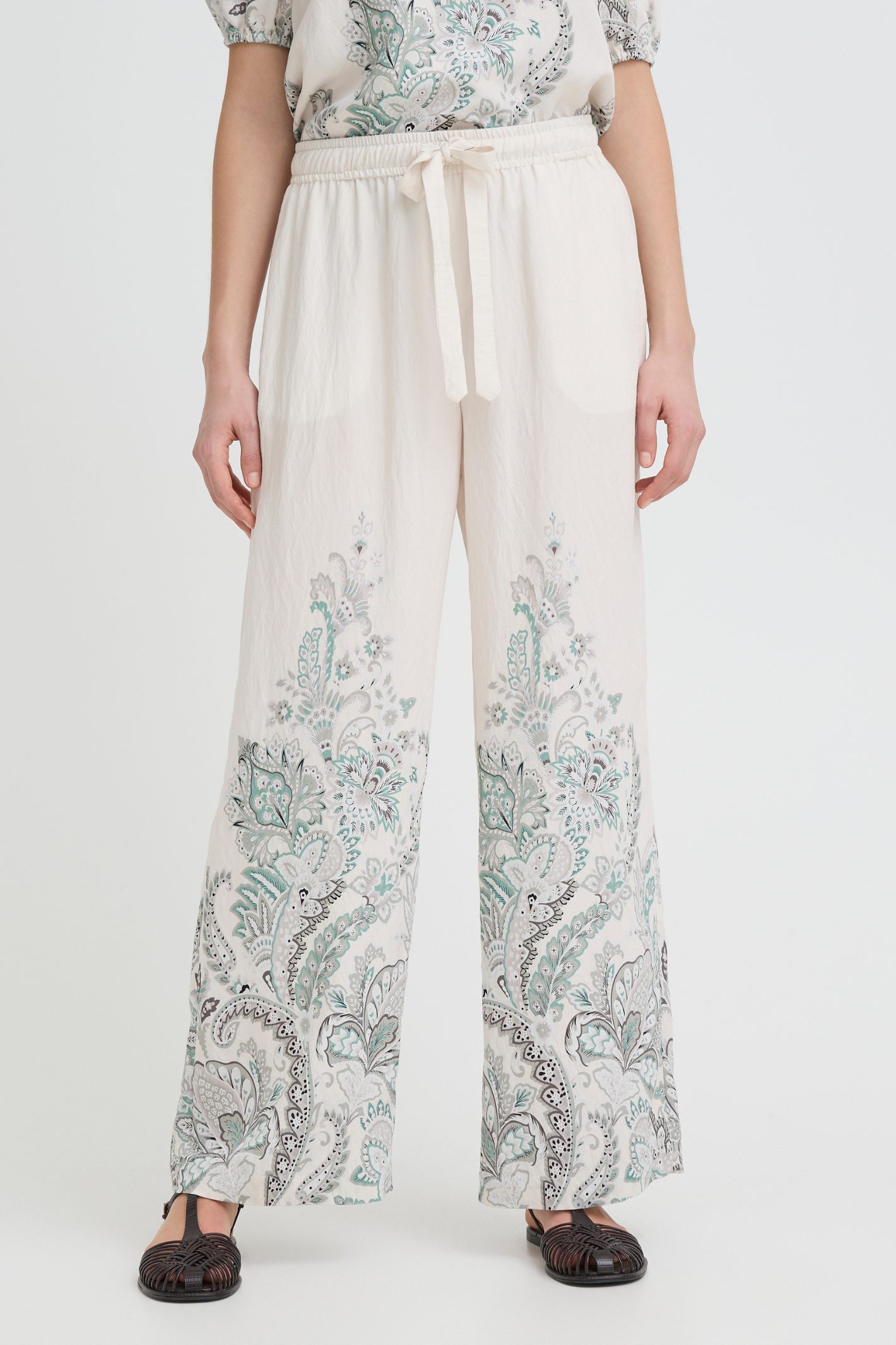 Fransa FRADARA dusty sage paisley trousers with wide leg fit and elasticated waist – Dotique