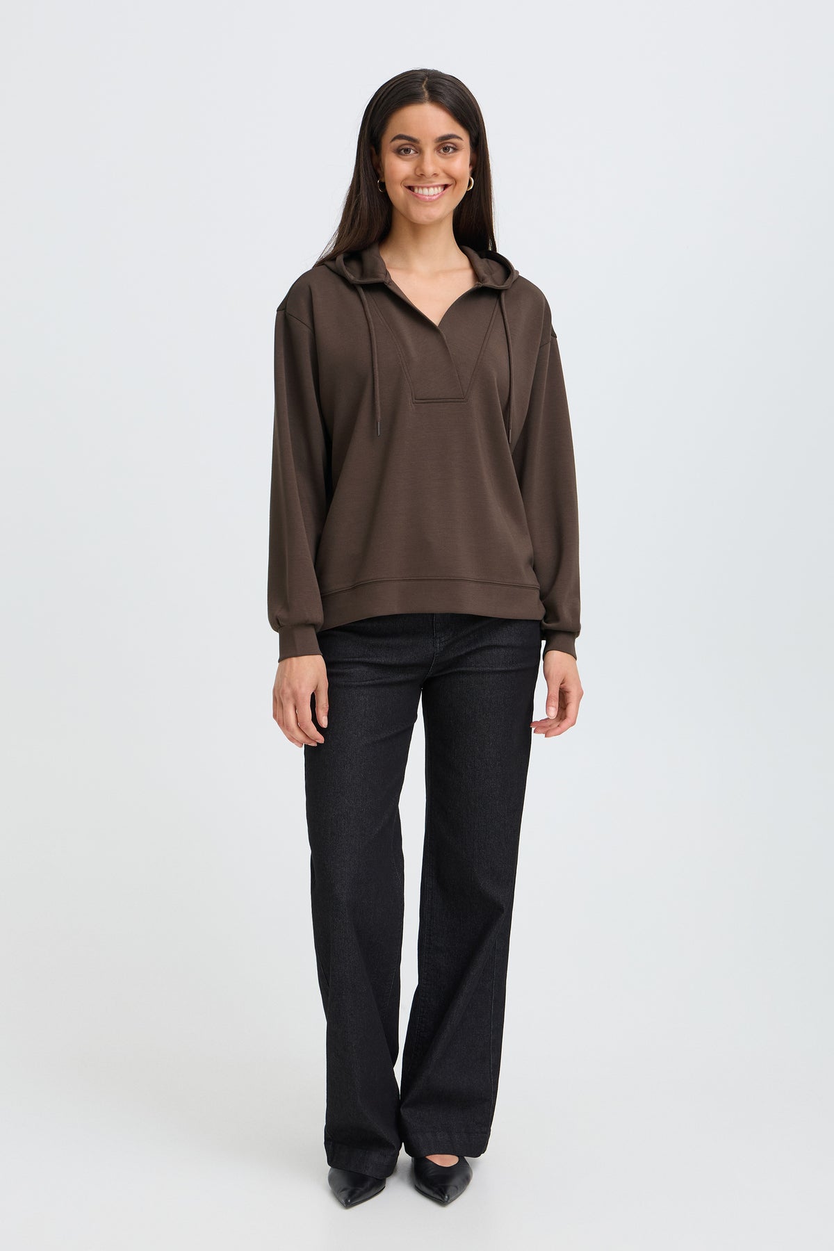 Fransa FRAURORA PU 23 Hot Fudge Jumper – model front view. Shop Fransa at Dotique.