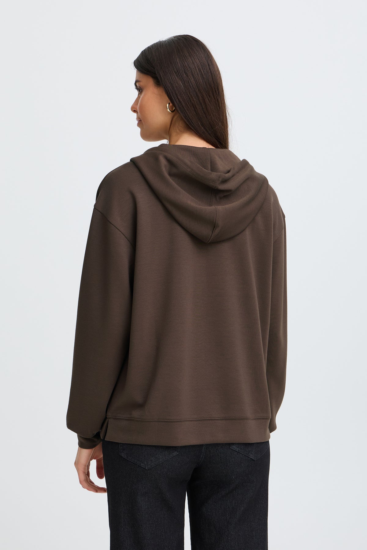 Fransa FRAURORA PU 23 Hot Fudge Jumper – model back view. Shop Fransa at Dotique.