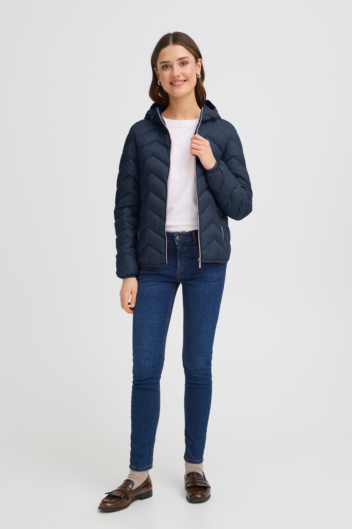 Fransa FRBAPADDING 1 Navy Blazer Padded Jacket – model front. Shop Fransa at Dotique.