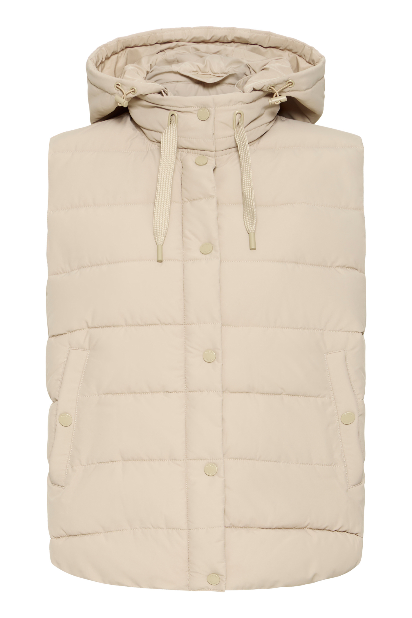 Lightweight padded gilet in Oxford Tan by Fransa. An easy everyday layer for spring and autumn. Shop online or in store at Dotique.