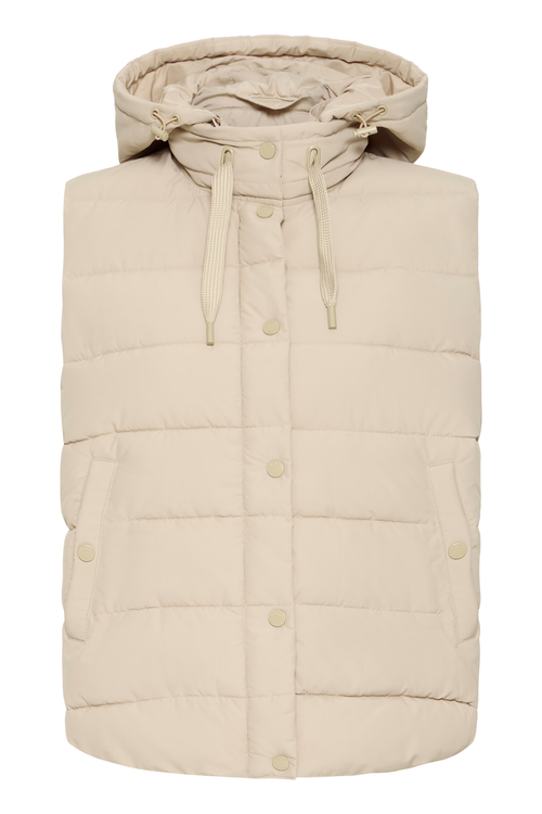 Lightweight padded gilet in Oxford Tan by Fransa. An easy everyday layer for spring and autumn. Shop online or in store at Dotique.