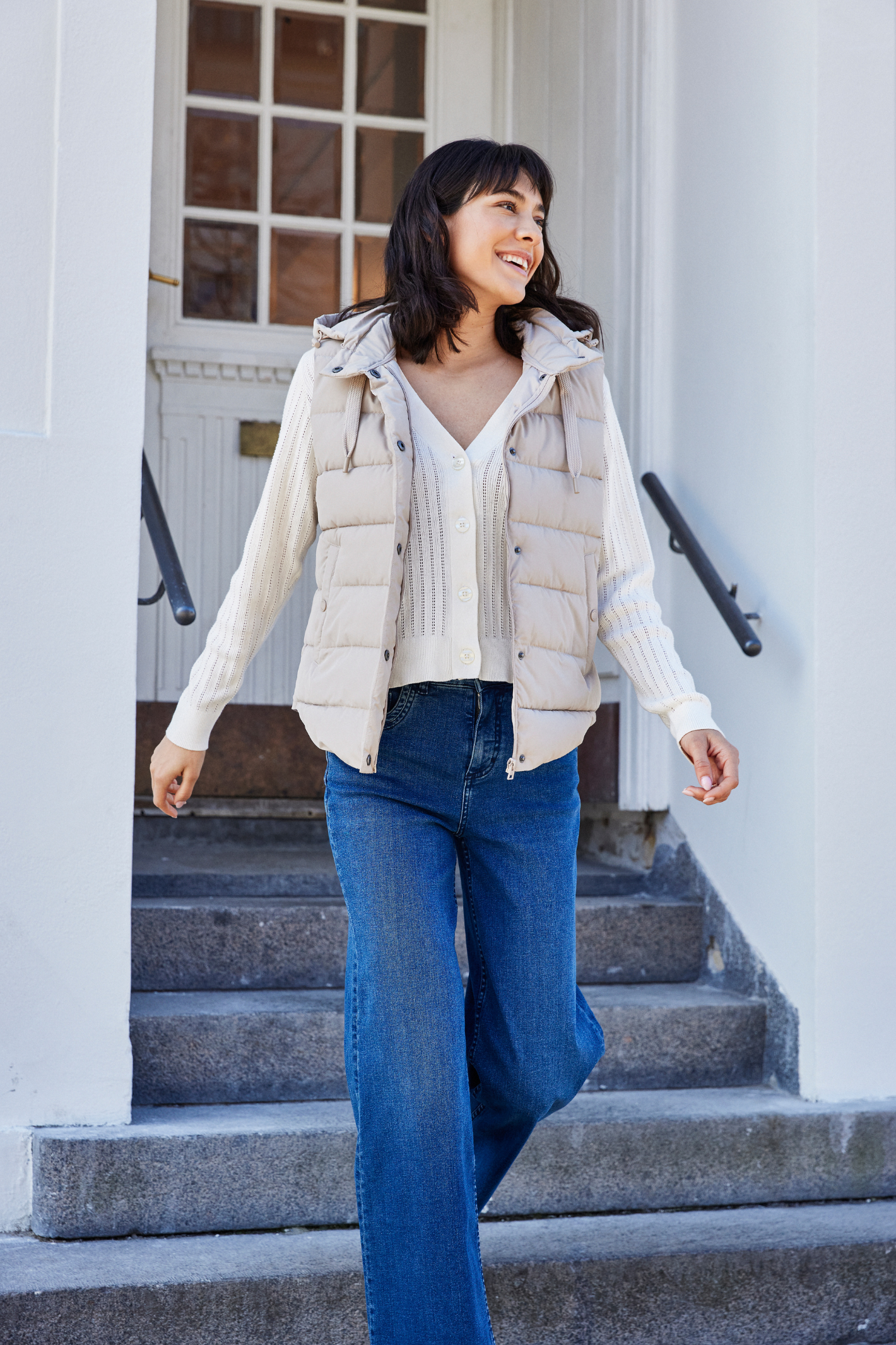 Lightweight padded gilet in Oxford Tan by Fransa. An easy everyday layer for spring and autumn. Shop online or in store at Dotique.