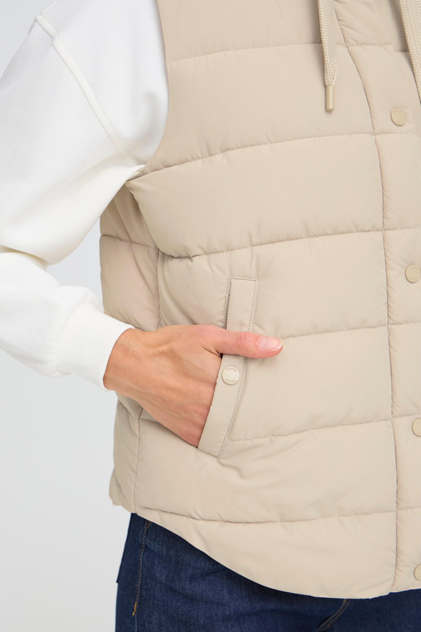 Lightweight padded gilet in Oxford Tan by Fransa. An easy everyday layer for spring and autumn. Shop online or in store at Dotique.